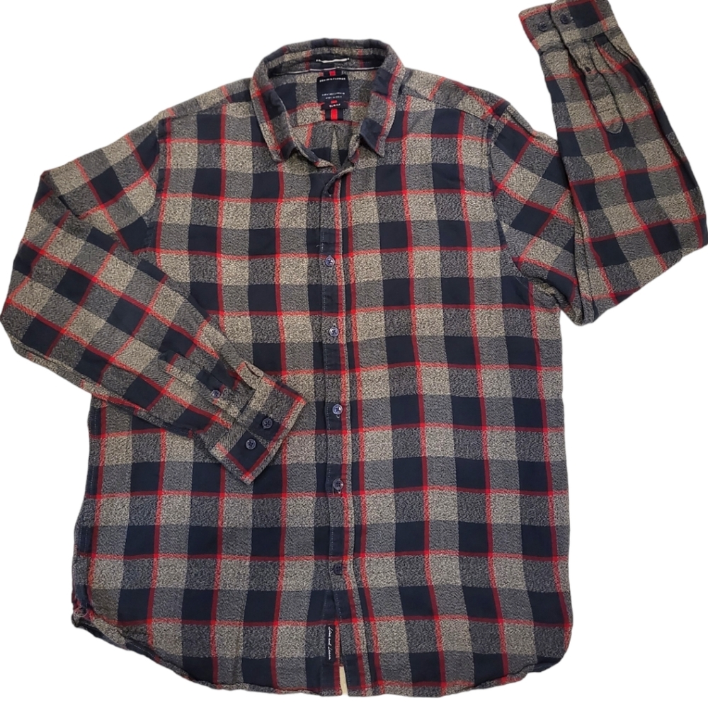 Denim & Flower Ricky Singh Gray Blue Red Check Flannel Mens Large